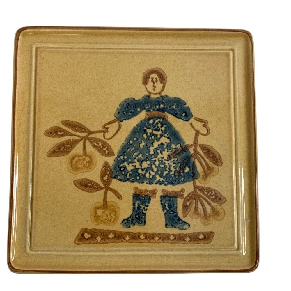 Vintage 70s Pfaltzgraff USA Folk Art Village Trivet Tile Floral Girl Design USA
